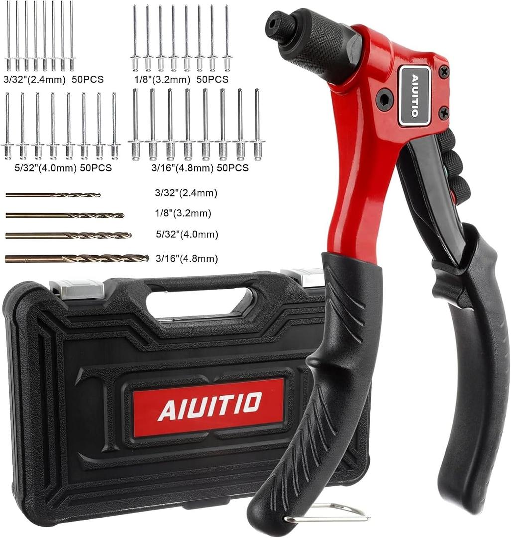 Rivet Gun, AIUITIO Pop Rivet Tool Kit with 200 Rivets and 4 Drill Bits, Manual Hand Riveter Kit with Rugged Carrying Case