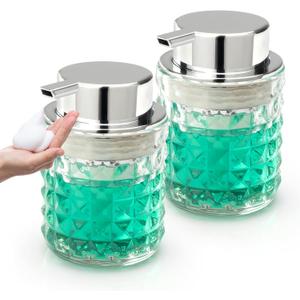 Soap Dispenser with Foam Pump Hand Lotion Dispenser Glass Antislip Shampoo Bathroom Kitchen 9oz, 2 Pack