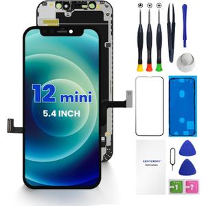For iPhone 12 Mini Screen Replacement 5.4, Genverdix 3D Touch LCD Display Full Repair Kit, Digitizer Assembly with Tools Set, Tempered Glass Screen Protector, Waterproof Frame Adhesive