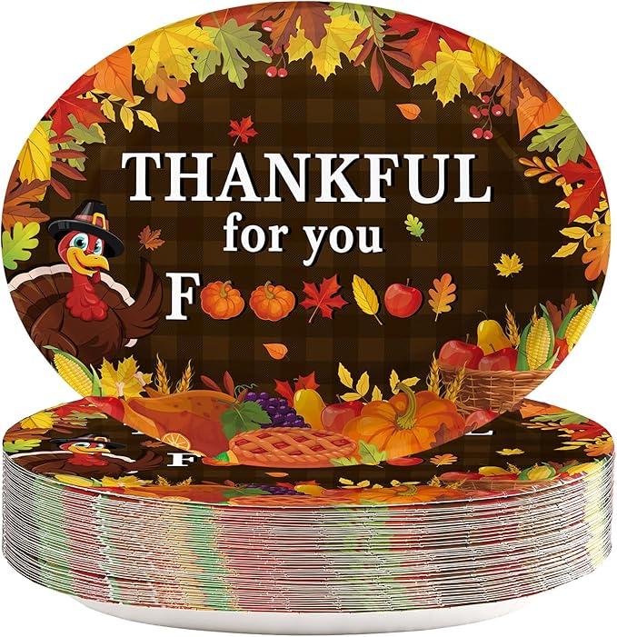 23 Pcs Friendsgiving Oval Paper Plates 10" x 12" Large Disposable Heavy Duty Thanksgiving Fall Turkey Leaf Pumpkin Platters Thankful for You Dessert Plates for Autumn Harvest Friendsgiving Decorations