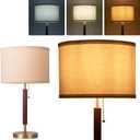 mid Century Modern Desk lamp, Farmhouse Table lamp with Pull Chain, Solid Wood & Metal Pole, Modern Bedside Lamp for Living Room, Bedroom, Office, Bronze & Wood Finish (Gold)