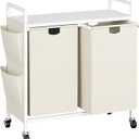 WOWLIVE Double Laundry Hamper with Lid,Rolling Laundry Basket Organizer with Wheels, Iron-Made Laundry Sorter with Top Shelf and 2 Removable Bags,Large Clothes Storage for Room,White (110L (30.0 x 13 x 32 Inches))