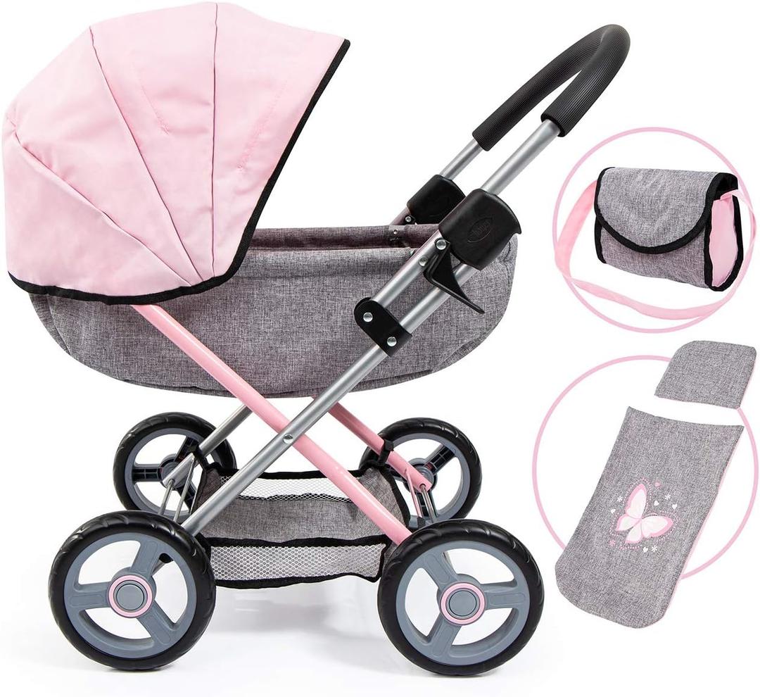 Bayer Baby Doll Stroller Toy Set with Accessories - Pink/Grey Pretend Play Carriage for Toddlers & Kids up to 18 Inch Dolls, 63 X 34 X 58 Cm