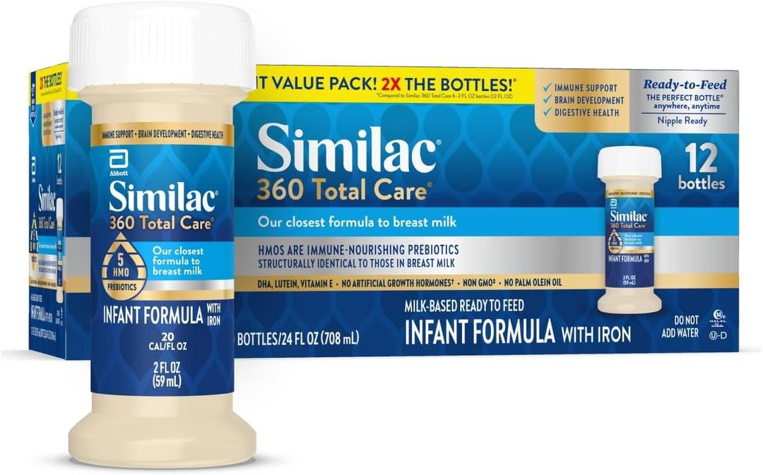 Similac 360 Total Care Infant Formula, Has 5 HMO Prebiotics, Our Closest Prebiotic Blend to Breast Milk, Non-GMO, Baby Formula, Ready to Feed, 2-fl-oz Bottle, Pack of 12