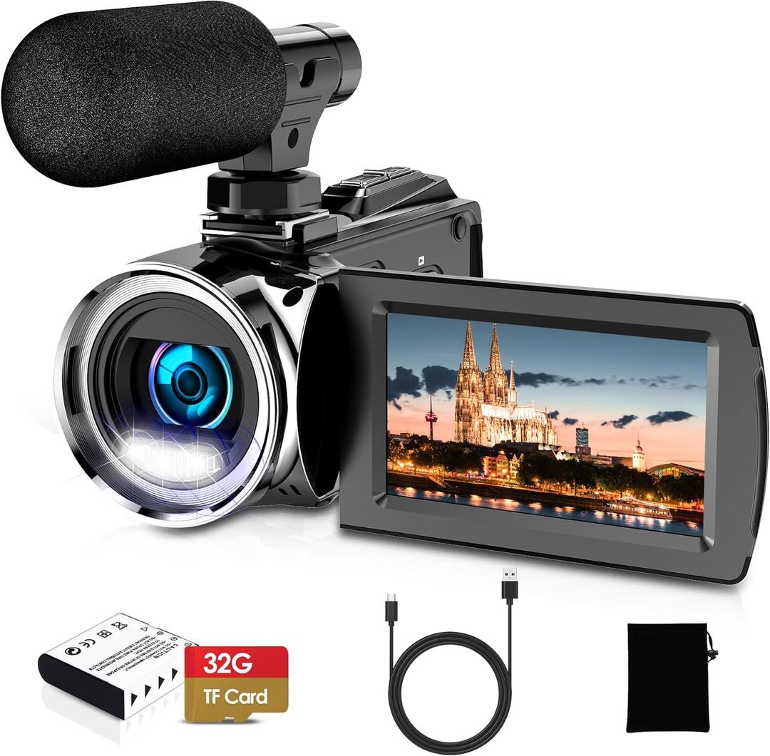 Video Camera, 4K Camcorder 36MP Vlogging Camera for YouTube, 3" IPS Screen 18X Digital Zoom, with Fill Light, Mic, Battery and 32GB Card