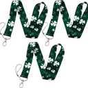 DMLSKY Clover Lanyards for ID Badges Green Plaid Neck Lanyards for Parade Event with Clip for Keys, 1 Inch Wide, 3 Pack