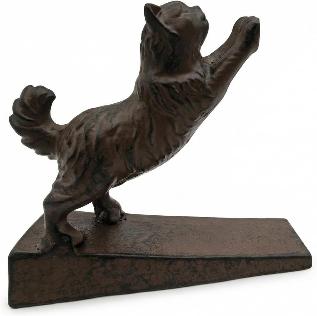 Heavy Duty Cast Iron Door Stop for Cats and Dogs, Decorative Metal Door Stopper for Bottom of Door, 5.71x1.65x5 Inch, Cute and Functional Door Prop (biack&Rust-Cat)