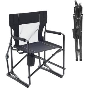 Folding Rocking Chair for Adults - Outdoor Camping and Lawn Chair with Breathable Mesh, Detachable Waterproof Armrests and Cup Holder Portable Travel Seat, Black, 24.84*24.57*36.22inch
