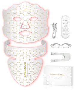 Yahi Red Light Photon Facial & Neck Mask with Remote Control, 7 Custom Modes with Infrared, Portable & Rechargeable with Timer for Home Use, 175 High-Density Light Beads, White