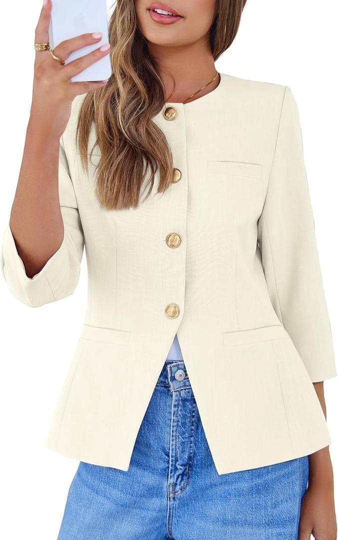 Simplee Womens Business Casual Blazers Spring Fashion Collarless Button Down 3/4 Sleeve Dressy Blazer Jacket Work Outfits (Large, Off-white)
