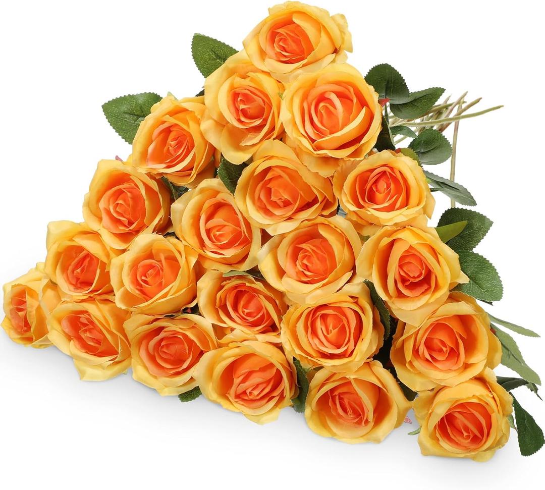 Hotop 20 Pcs Artificial Rose Flowers with Long Stem,Real Lifelike Silk Realistic Plastic Bouquet Roses Bulk for Home Decor Bridal Wedding Party Table Centerpieces Decorations(Orange)