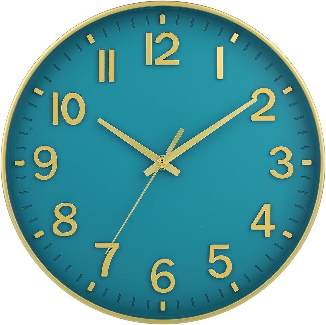 HZDHCLH Teal and Gold Wall Clocks Battery Operated 12 inch Silent Non Ticking Modern Wall Clock for Living Room Bedroom Kitchen Office Decor