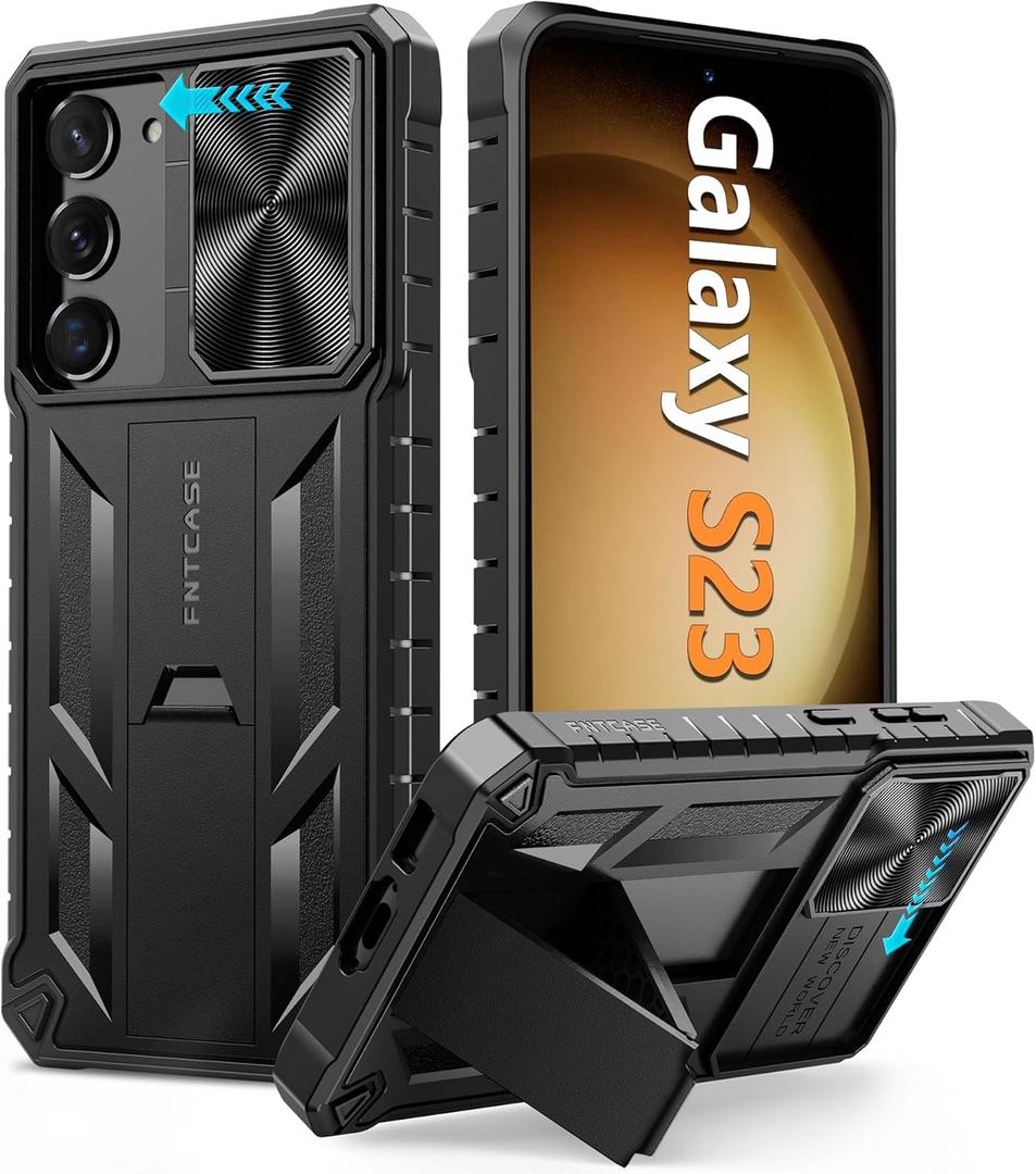 FNTCASE for Samsung Galaxy S23 Case: Military Grade Drop Proof Protection Rugged Protective Cell Phone Cover with Kickstand | Shockproof TPU Matte Textured Sturdy Bumper Cases for Galaxy S23 5G 6.1'' (Black)