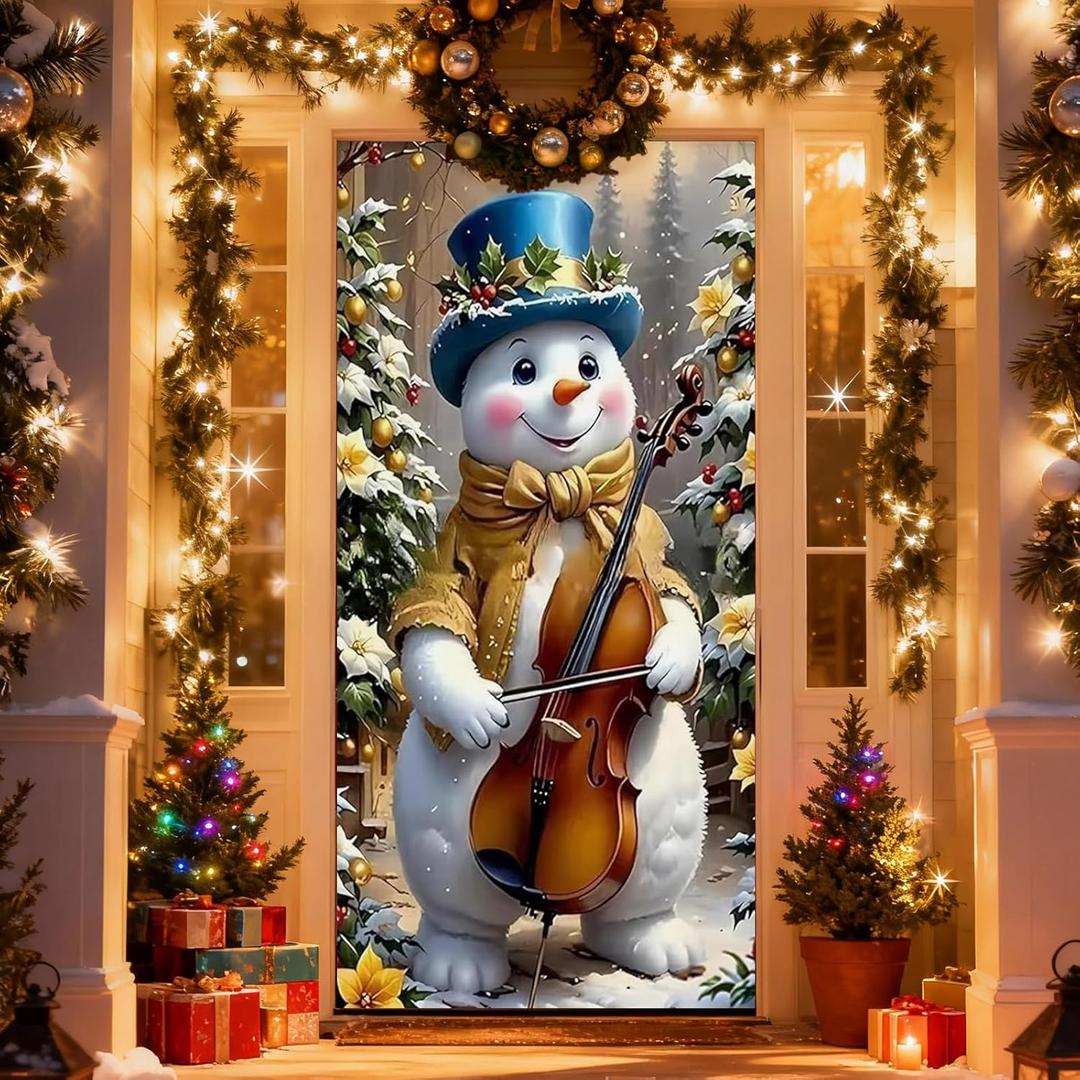 Christmas Door Cover, Elastic New Year Front Door Sleeve Decoration Snowman Porch Sign Christmas Ball Photography Background Banner Holiday Decor(Style 2)