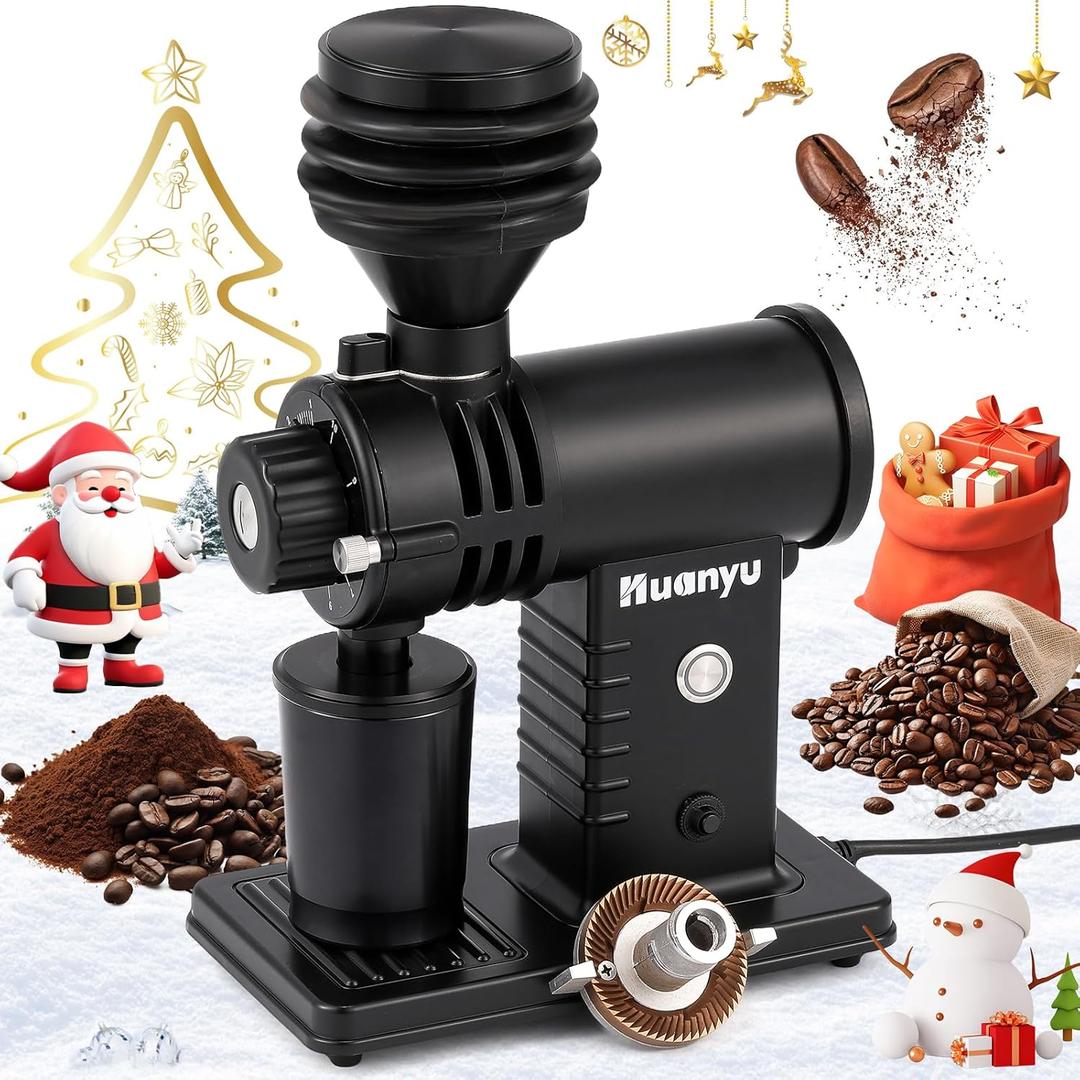 Huanyu Espresso Grinder with Titanium Flat Burr Electric Coffee Grinder with Hopper Bellows 10 Precise Grind Setting Coffee Grinders for Home Use Black