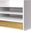 Kate and Laurel Industrious Desktop Wood Letter Tray with 3 Trays and Drawer, White and Gold (12.8" x 9.8" x 8.8")