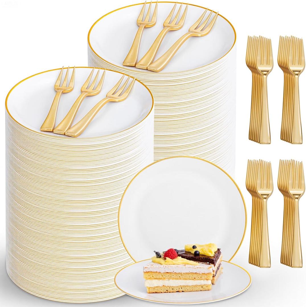 Festiva 400Pcs Gold Dessert Plates 6.3" with Forks 5"- 200PCS Small Disposable Dessert/Cake/Appetizer Plates and 200PCS Forks - Serve 200 Guests for Birthday Party& Wedding &Easter