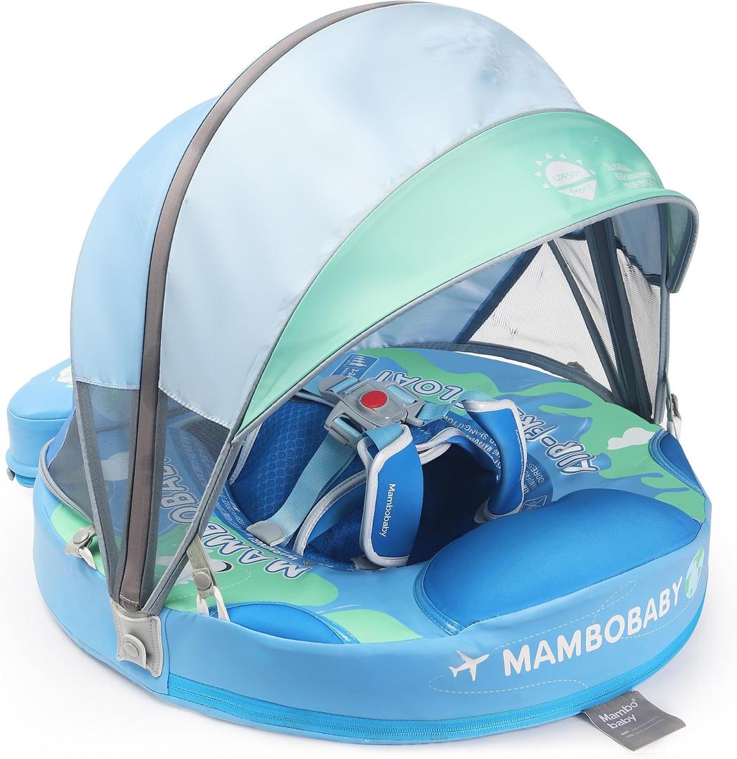 Mambobaby Float Upgrade Add Tail Baby Float with Canopy for Infant Waist Swimming Ring Swim Trainer Non-Inflatable Floats Toys with Adjustable Safety Strap (Blue - Earth)
