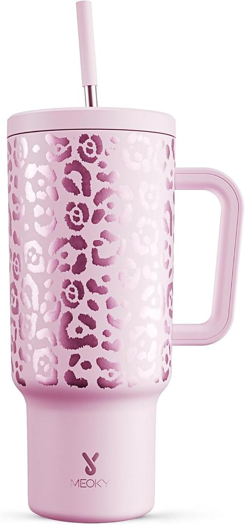 Meoky 40 oz Tumbler with Handle and Straw, Tumbler with Lid and Straw, Insulated Stainless Steel Travel Mug, 100% Leak-proof, Keeps Cold for 34 Hours or Hot for 10 Hours (Pink Leopard)