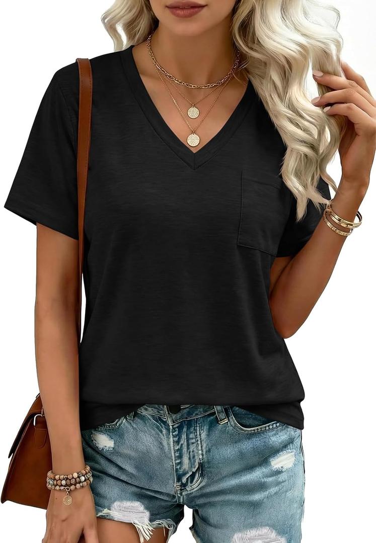 Womens V Neck Tshirts Short Sleeve Loose Casual Summer Tops with Pokcet (L)