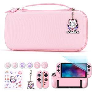 innoAura Switch 2 Case 14-in-1 Bundle for NS Switch 2 (2025), with Carrying Case, Protective Cover, Thumb Grips, Screen Protector, Cute Pendant and Sticker, Pink