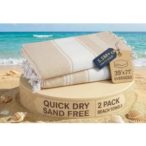 LANE LINEN Oversized Beach Towels, 2 Pack Turkish Towel Set for Adults, Lightweight, Quick Dry, Absorbent & Sand Proof, 39"x71" Pool Towels  Beige