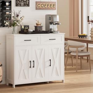 Homhedy Sideboard Buffet Cabinet, Coffee Bar Storage Cabinet with Drawers and Doors, Farmhouse Kitchen Cabinet with Adjustable Shelves, for Kitchen, Dining Room, Living Room, White, 11.8"D x 35.4"W x 31.5"H