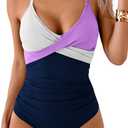 B2prity Women's One Piece Swimsuits Tummy Control Front Cross Bathing Suits Tie Back Slimming V Neck Swimwear (Medium, White, Purple, Navy Blue)