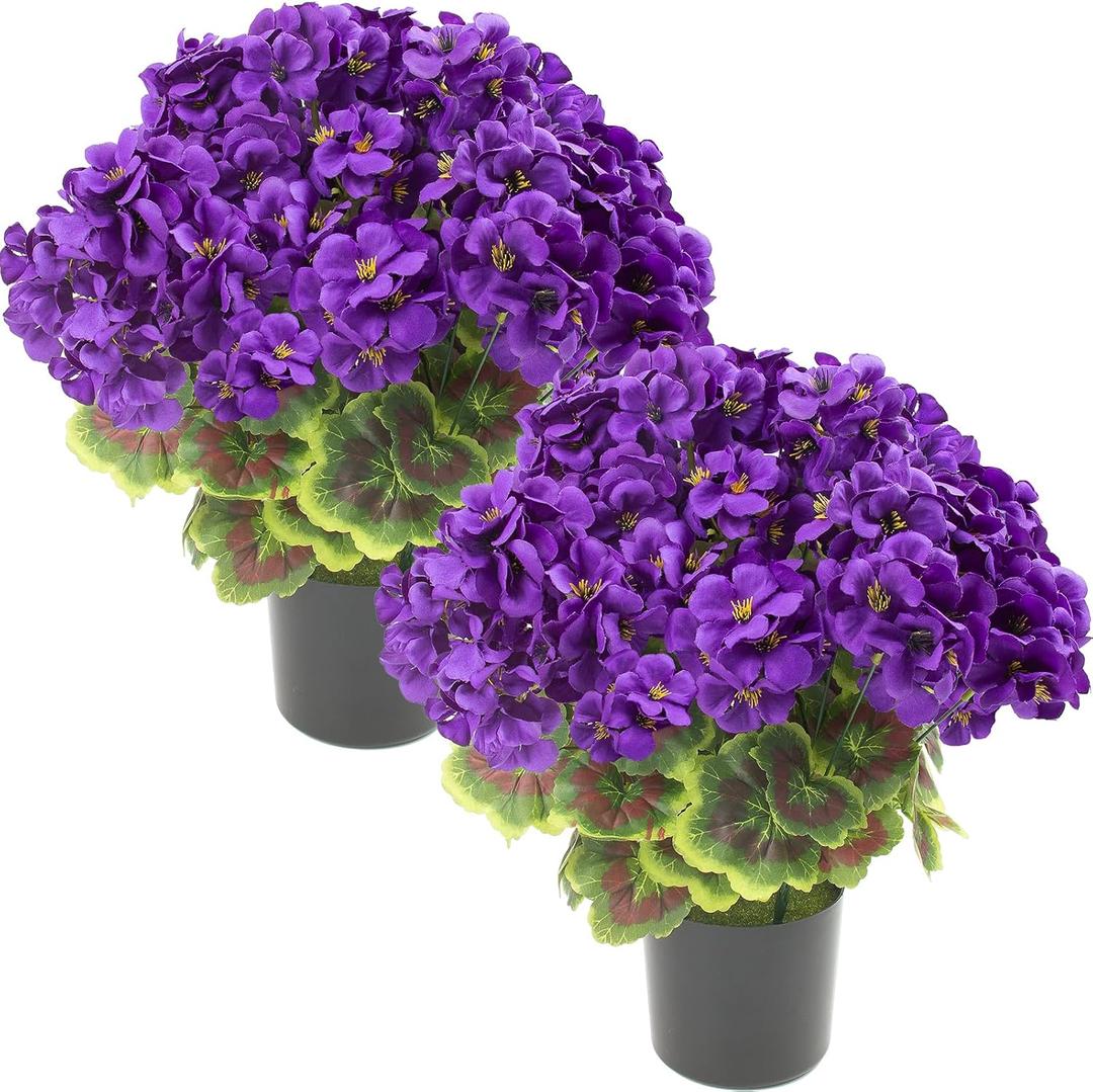 lovemoon 2Set Geranium Potted Artificial Flowers,Fake Geranium Plants for Outdoor Home Dcor Office Tables Porch Garden Decor (2, Purple)