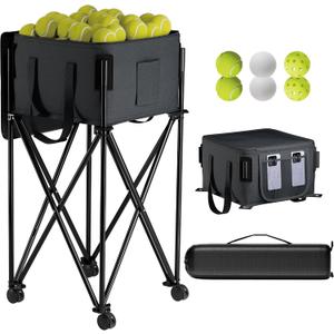 Tennis Ball Hopper for 120 BallsTennis Ball Basket with Removable Storage BagWheeled Tennis Ball Cart for Serve Training Portable Pickleball Baseball Hopper Basket, 13 x 13 x 10 inches