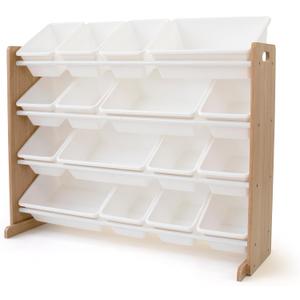 Humble Crew Toy Storage Organizer with 16 Removable Storage Bins for Kids Playroom, 4-Tier Toddler Toy Organization and Storage, Natural Wood/White, Universal