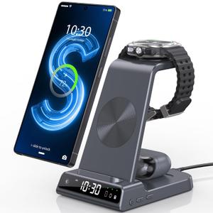 Wireless Charger for Samsung Charging Station with Clock for Samsung Galaxy S25 Ultra/S24/Z Fold 7/Flip 7/6/Bud, 3 in 1 Android Charging Station, Watch Charger for Samsung Galaxy Watch 8/7/6/5 (Grey)