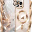 [CD Ring & Curly Wave Edge] for iPhone 15 Pro Case, 2025 Upgraded [Full Camera Protection] [Compatible with MagSafe] Plating Soft Non-Yellowing Clear Case for 15 Pro 6.1 " Men Women ,Titanium Gold