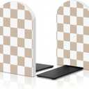 Boho Bookends Walnut Wood Beige Checkered Bookends for Shelves, Heavy Duty L-Shape Decorative Book Ends with Non-Slip Base, Boho Aesthetic Desk Decor for Organizing Book Home Decor