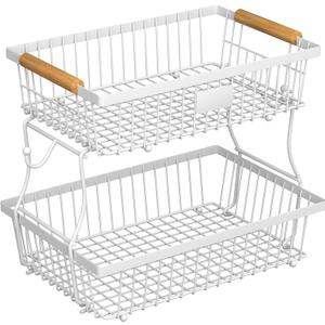 2 Tier Fruit Basket for Kitchen Counter with 2 Banana Hangers, Countertop Metal Bread Basket with Wooden Handle, Large Storage Stand for Vegetables, Snacks, Eggs, Produce Storage  White