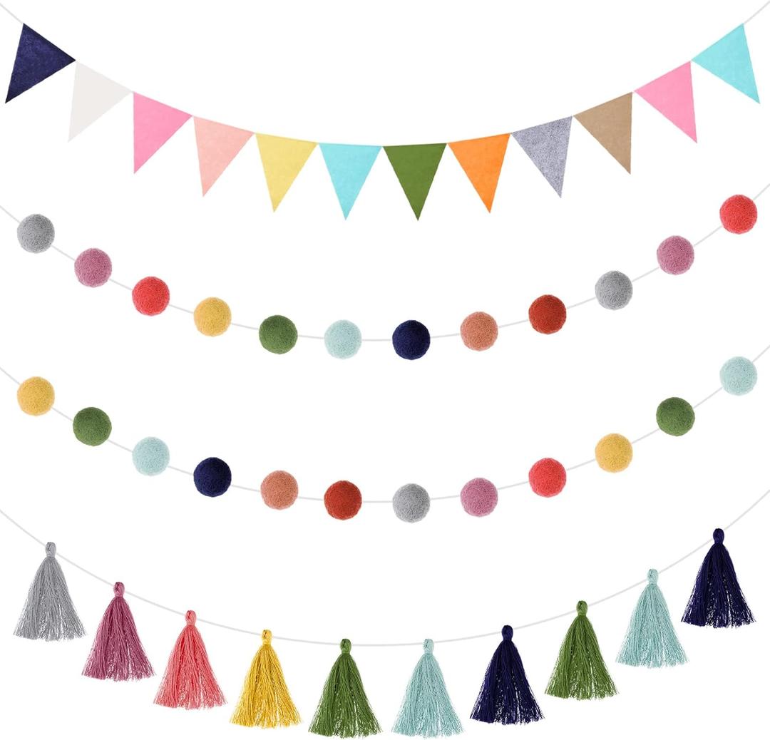 Irenare 9.8 ft Pom Pom Garland Felt Rainbow Garland 2026 Graduation Party Decoration Colorful Pennant Tassel Banner Back to School Birthday Triangle Banner for Classroom School Mantel(Bright Color)