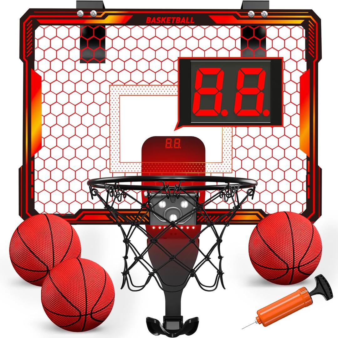 Basketball Hoop Indoor, Mini Basketball Hoop with 7 LED Lighting, Scoreboard, 3 Modes, Volume Adjustable, Over Door Basketball Hoop Foldable, Basketball Toys for Kids Adults Gifts (Red)