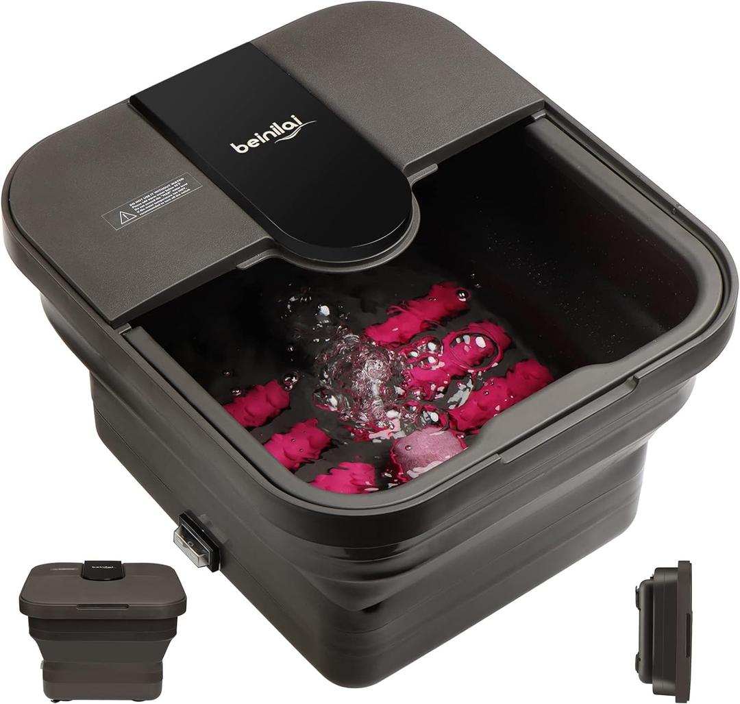 Beinilai Collapsible Foot Spa,Foot Bath with Heat and Massage and Bubble Jets,Foot Soak Tub with Six Non Motorized Rollers,Acupressure Massage Points,Red Light and Removable Pumice Stone (Dark Grey)