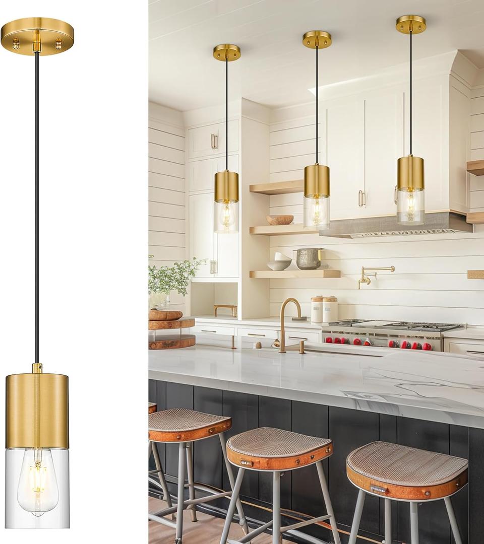 Gold Pendant Lights Kitchen Island, Hanging Lights Fixtures with Cylinder Clear Glass, Modern Brass Kitchen Pendant Lighting Over Island for Dining Room, AD-24023-1P-GD