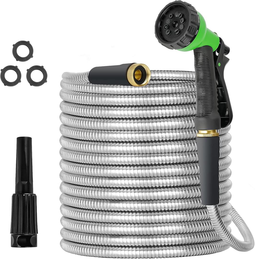 Garden Hose 100ft Stainless Steel Water Hose Super Tough Flexible Water Pipe with Brass Fittings and Sprayer Nozzle, No Kink, Rust Proof