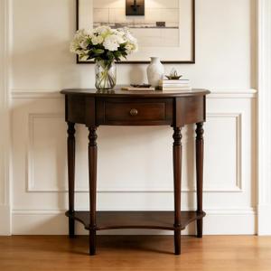 Half Moon Console Table Solid Wood Vintage Entryway Table with Storage Drawer Small Hallway Table for Entryway Half Round Foyer Tables Walnut Entry Way Tables For Entrance (Walnut, W-23.6")