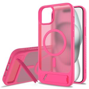 For iPhone 15 Plus Frosted Holder PC Hybrid TPU MagSafe Phone Case (Rose Red)