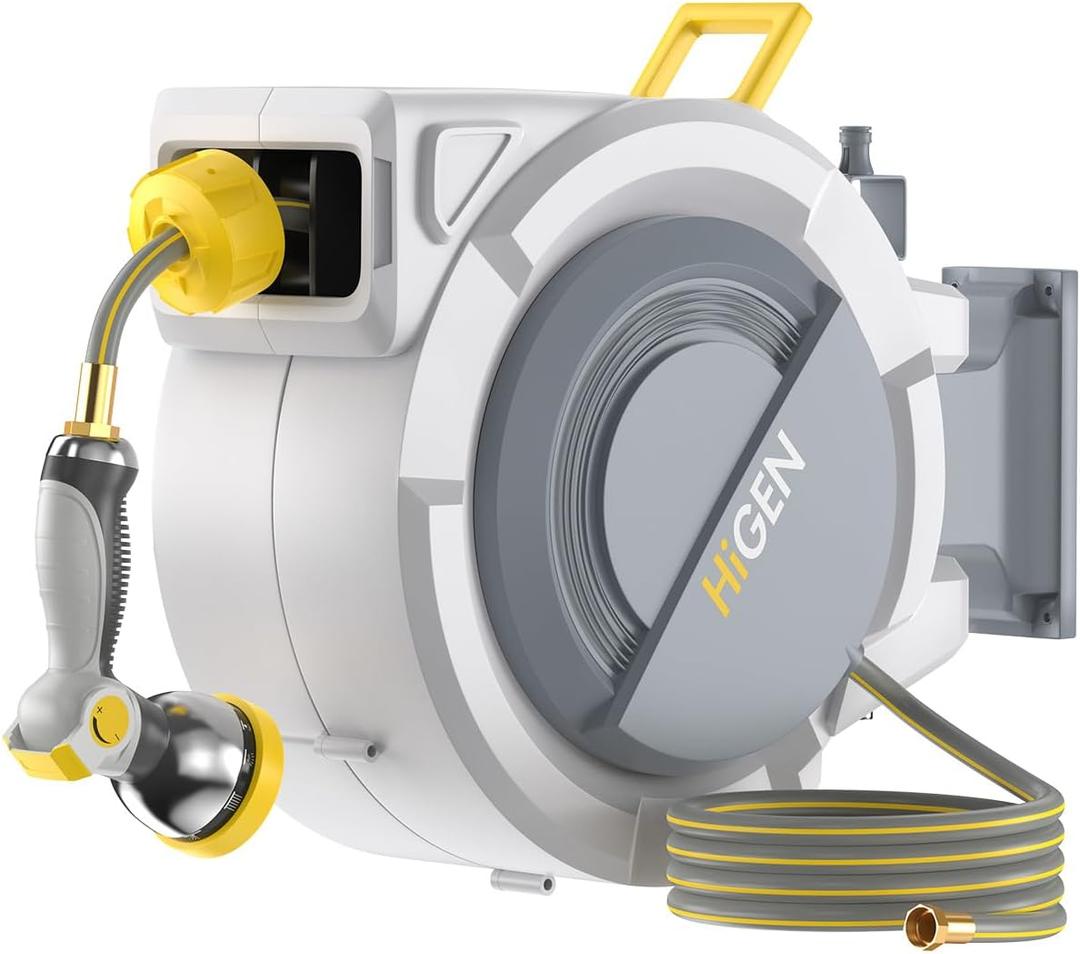 Retractable Garden Hose Reel, 1/2 in x 100 ft Heavy Duty Wall Mounted Water Hose Reel for Outside, UV Resistant Shell, Any Length Lock, Slow Rewind System, 180 Swivel Bracket, 10 Pattern Metal Nozzle