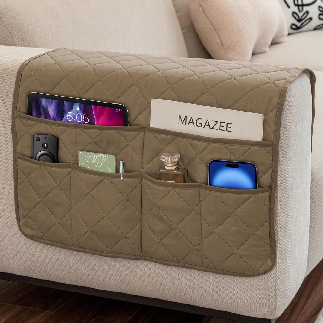 Remote Control Holder for Recliner Non-Slip Armchair Caddy Couch Armrest Organizer, Arm Chair Bedside Caddy Storage Organizer for Recliner Couch With 6 Pockets for Magazine, Phone, iPad (Beige)