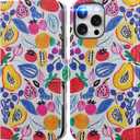 DEENAKIN for iPhone 16 Pro Max Wallet Case with Card Holder + Cash Clip, RFID-Blocking, Military-Grade Protection & UV-Printed Artwork, Magnetic Closure with Leather Kickstand - Playful Fruit Doodles
