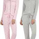 Real Essentials 2 Pack: Women's Soft Pajama Set | Button Down Top and Lounge Sleep PJ Pants | Matching Sleepwear (M Size)