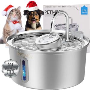 Luxury Smart Pet Fountain 2026 – 3.2L/ 108oz Stainless Steel Automatic Cat & Dog Water Fountain, Indoor Pet Water Dispenser with LED Light, Quiet Pump, Dual Flow Modes, 4-Layer Filter, Dishwasher Safe