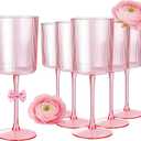Ciaell 12 PCS Pink Plastic Ribbed Wine Glasses - 10 OZ Plastic Square Wine Glasses with Stem - Disposable Champagne Cups for Parties & Weddings & Mother's Day