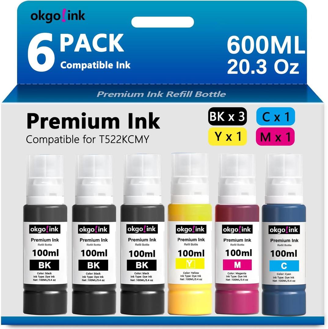 Compatible 522 Ink Refill Bottles T522 ET-2800 ET-4800 ET-2750 ET-2803 Replacement for Epsom (20.3 Fl Oz) for ET-2720 ET-2840 ET-4700 ET4800 ET-4810 3850 2760 2850 Ink (6 Pack, 600ml) Black Color