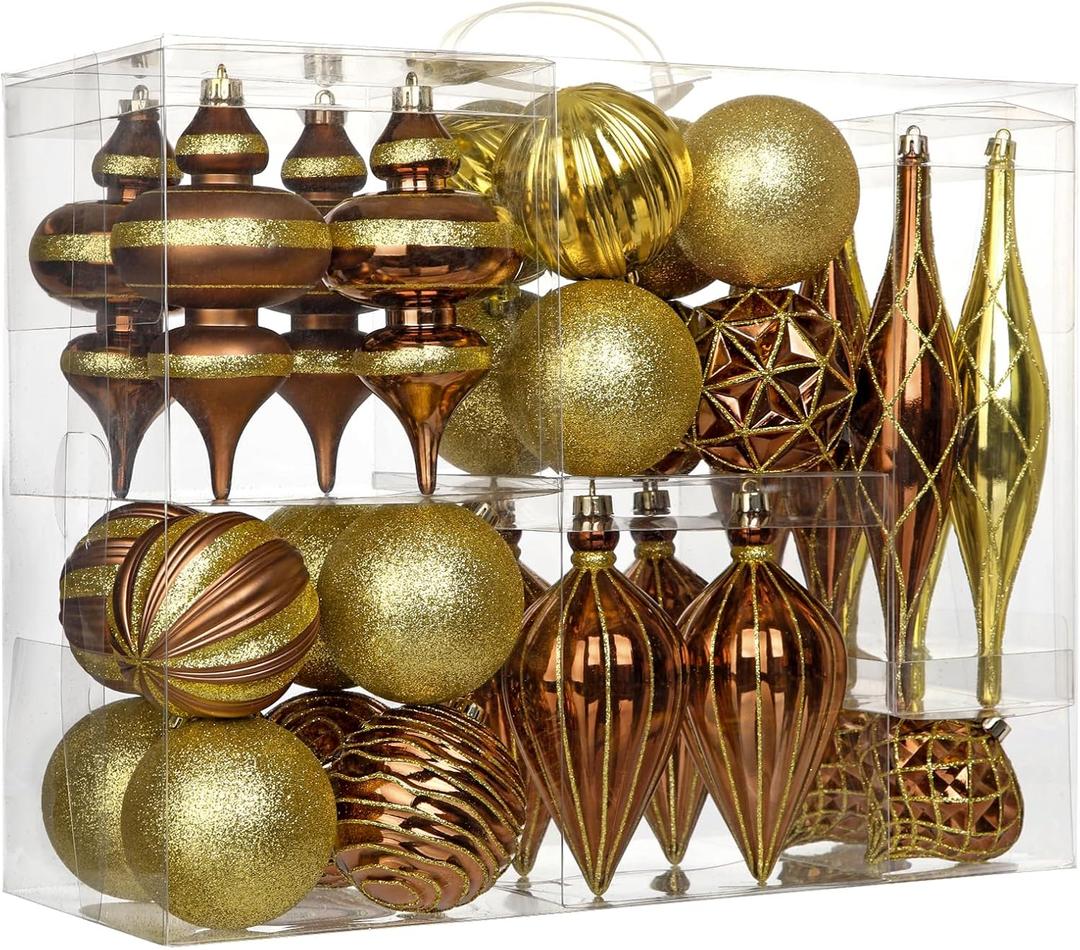 32PCS Christmas Ball Ornaments Set Large Shatterproof Plastic Decorative Baubles with Hand-Help Gift Boxes for Xmas Tree Wedding Party Holiday - Bronze, Gold